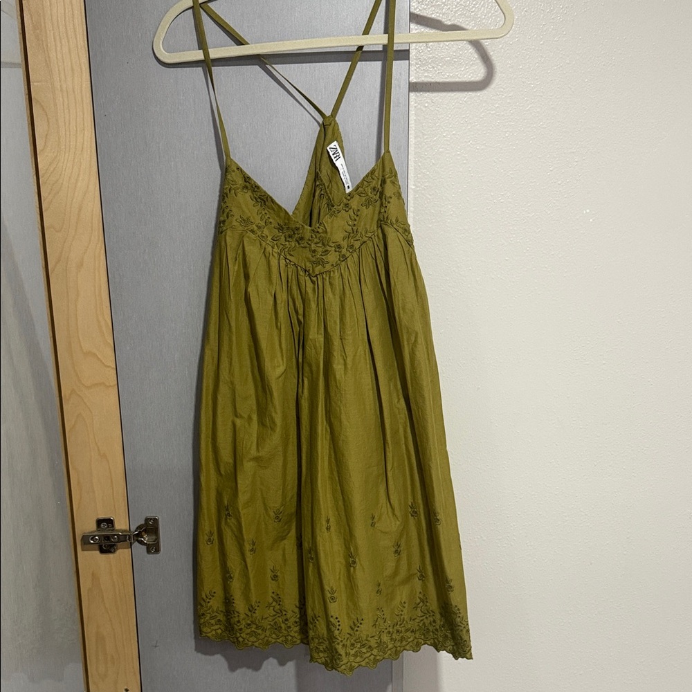 Zara Olive Green Embroidered Mini Dress